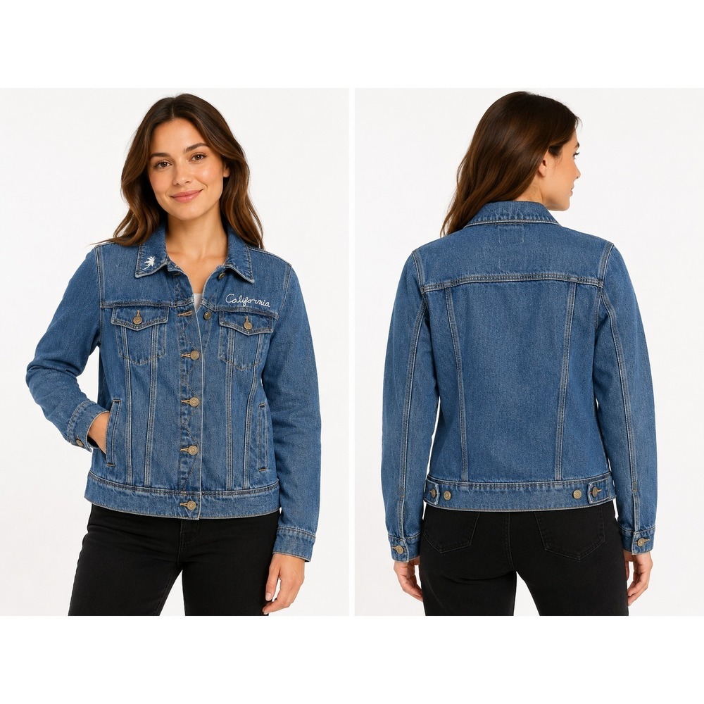 Old Navy Denim Jean Jacket Womens Medium California Embroidered Palm Tree NWT